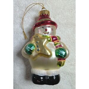 Vintage‎ Glass Snowman Ornament Holding Gingerbread Cookie & Green Baubles –...